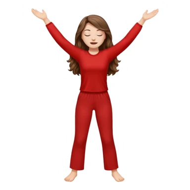 crie uma menina branca com cabelos castanhos longos ondulados, uma roupa de calça e blusa de manga curta na cor vermelho, com braços juntos para cima, olhos fechados e perna levantada sticker