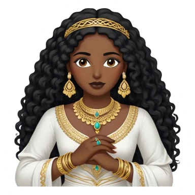 The Palestinian woman, she had long curly black hair and well defined eyebrows wears a white traditional dress. Her accessories steal the spotlight—intricately designed gold bangles, statement rings, and layered necklaces— she doesn’t have a head or hair accessories sticker