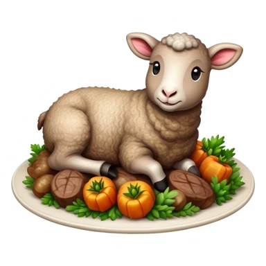 Cinematic Realistic Roast Lamb Dish Emoji, depicted with tender, succulent lamb roasted to perfection and served with seasonal vegetables, rendered with rich textures and inviting warm lighting that captures its traditional heritage. sticker