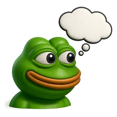make a pepe in bright green smiling with thought bubble looking at left side in 3d style, good highlights and shadows, drop shadows sticker