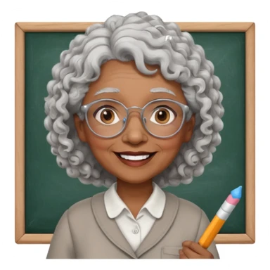 old woman teacher, brown skin, curly grey white hai, wearing glasses, hold chalk on hand sticker