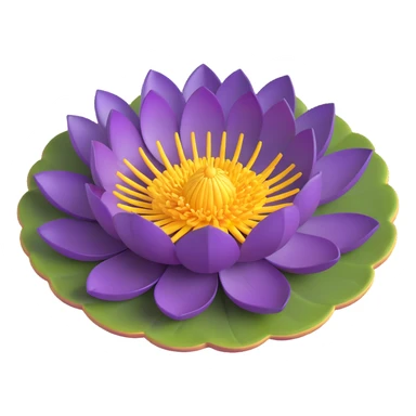 Realistic deep purple lotus flower with detailed layered petals and yellow stamens, floating on authentic lotus pad with characteristic notch and bowl shape sticker