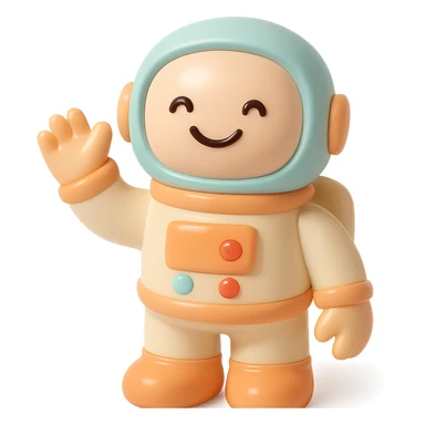 smiling astronaut in spacesuit, waving hand, vinyl figure style sticker