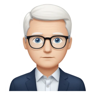 Thin white man, short white hair, black thin square glasses, white shirt, blue eyes, ceo - no tie sticker