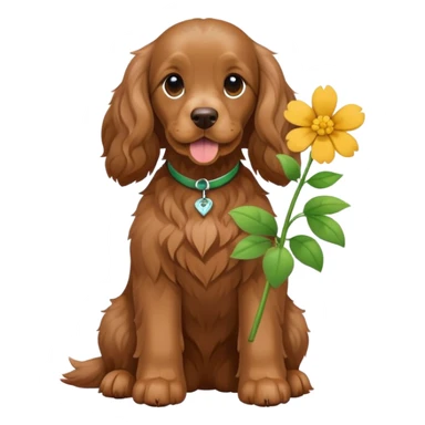 Full body shot of a brown cocker spaniel sitting happily with a flower sticker