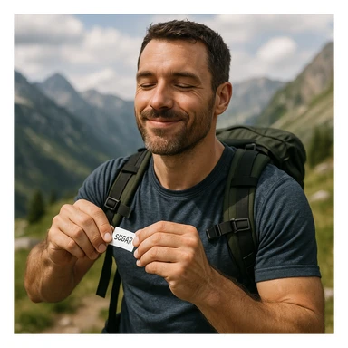 realistic 4K quality image of a sporty man during a mountain hike stopping to take a sugar packet for energy, satisfied expression, natural landscape background sticker