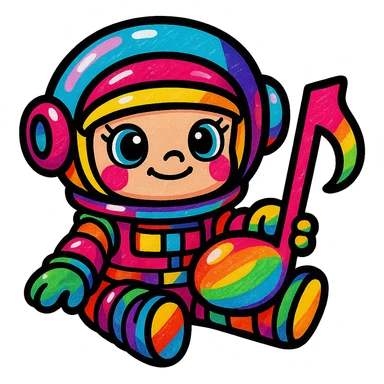 Add more vibrant colors to Popmart Space Molly as a Rednote emoji, keep playful and musical vibe, make helmet, suit, and musical notes multicolored, maintain cute cartoon style, no background. sticker