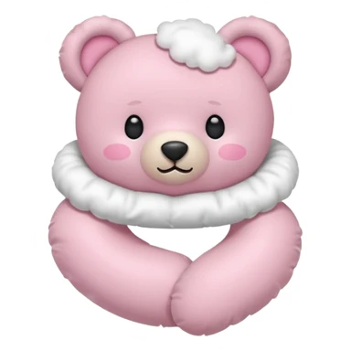pink teddy bear, upright and dynamic, floral neck pillow, right hand with frilly white satin cloud pillow, flat and minimal, iPhone emoji style sticker