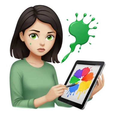 emoji holding and drawing on tablet using a stylus, looking down at screen in frustration, female, dark hair, green eyes, screen slightly visible with splashes of color like a paint palette  sticker