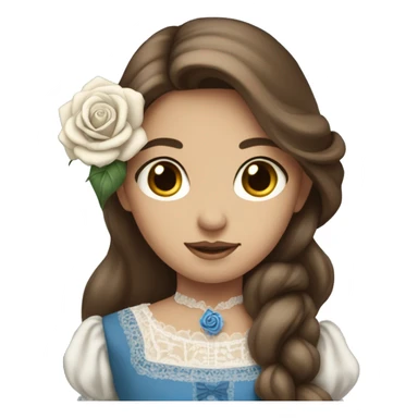 girl with long brown hair and blue Victorian dress holding a whit rose sticker