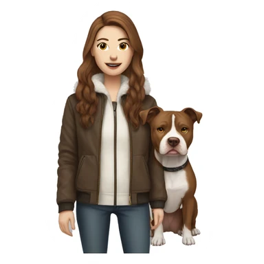 white woman with long brown hair in a furry jacket standing alongside a white pitbull with a brown patch around his eye sticker
