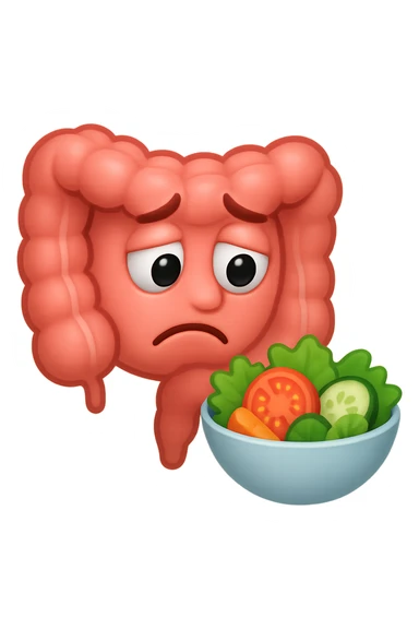 EMOJI STILE IPHONE DI UN INTESTINO UMANO ANATOMICO CHE GUARDA UN INSALATA CON ESPRESSIONE TRISTE E RASSEGNATA IN VOLTO: SOFFRE LA FAME PERCHé è A DIETA, FAGLI ANCHE LA PARTE BIANCA DEGLI OCCHI, NON SOLO LE PUPILLE sticker