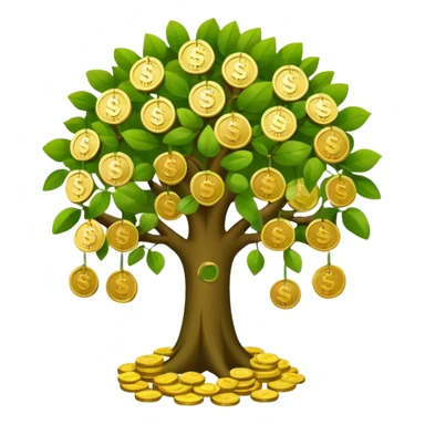 Apple-style money tree (10 coints), round soft green canopy.
No pot, no ground — only the tree.
Small gold coins as fruits inside the leaves (not below).
Flat 2D vector, clean shapes, no gradients.
Dark near-black background, premium fintech icon. sticker