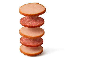 fettine di prosciutto cotto e di salame fluttuano in aria verticalmente, IPERREALISTICA 4K sticker