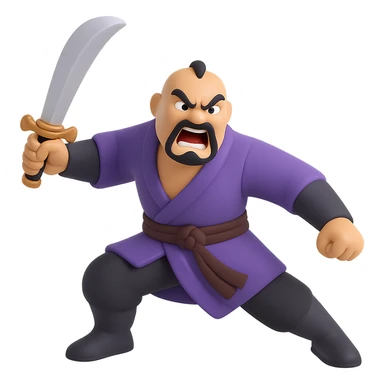Show Shan Yu in a dynamic battle stance, full body, holding a weapon, looking seriously pissed off, transparent background, in the style of 3D emoji (microsoft style 3d fluent emojis) sticker