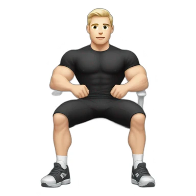 Pale skinned Fit Man With the biceps and dark brown hair in black shirt, gray sports shorts and white Sneakers Sitting on a chair sticker