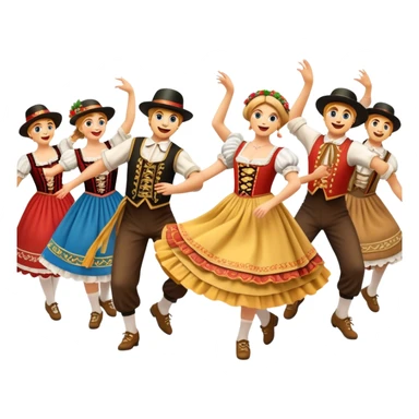 Cinematic Realistic Schuhplattler Dance Emoji, depicted as a lively traditional folk dance scene with performers in authentic Bavarian costumes, rendered with dynamic textures and festive natural lighting that captures the spirit of rural celebration. sticker