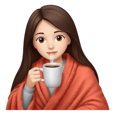 Девушка брюнетка с прямыми длинными волосами, кардиями глазами укутана в пушистый плед кораллового цвета и пьет кофе. Картинка должна были в цветах: бежевый, коралловый и коричневый sticker