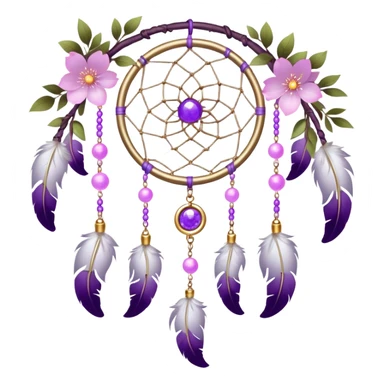 A silvery-white Dreamcatcher. with purple-round-orbs, gold-rings hanging down. purple flowers, pink sakura flowers, sticker