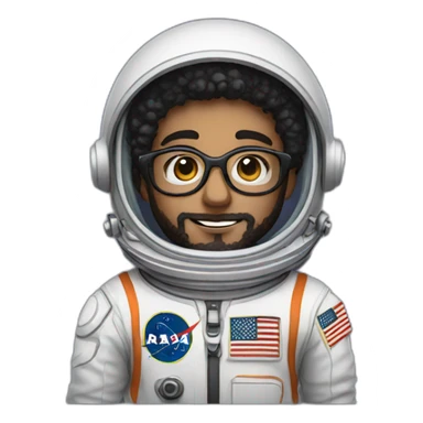 Boy with black short curly hair and beard wearing glasses astronaut sticker