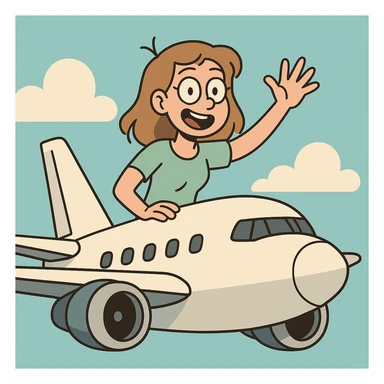 a girl waving from the top of an airplane, cheerful expression, simple and bold design sticker