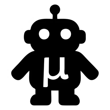 solid filled icon of a blue lowercase mu symbol with a toy-styled robot behind it sticker