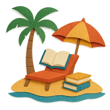 cozy beach reading nook with books, umbrella, and palm tree, layered paper effect, paper-craft style sticker