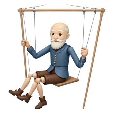 3D render of Old Man Puppet as a wooden marionette puppet, Carved wood beard, silver metal screw joints at elbows and knees, polished brown wood texture, rigid toy pose, emoji style, isolated on white background --v 6.0. sticker