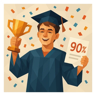a proud student with a trophy and a paper showing 90%, confetti in the air, modern illustration style sticker