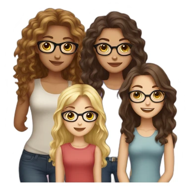 Five girls, one of them blonde with glasses, one brunette with glasses, one brunette with curly hair, another brunette with long hair, one blonde with straight hair sticker