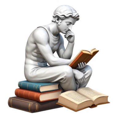 An icon featuring a Thinker statue, a scroll, symbolizing philosophy. The design includes books and abstract symbols representing deep thought and wisdom. Transparent background highlights the study of ideas, logic, and existential questions sticker