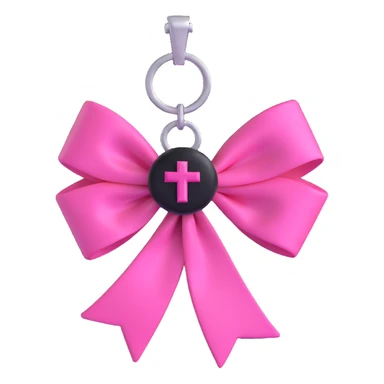 3D emoji style pink bow with gothic effect, hot pink satin, black velvet center, and silver cross charm sticker
