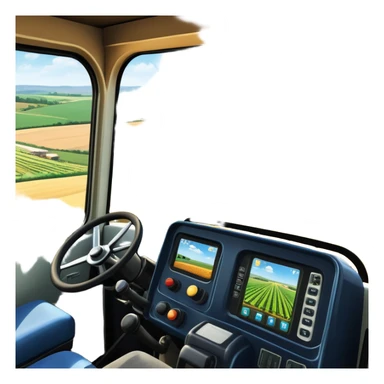 a view from the tractor cabin, with the dashboard in focus, overlooking a vibrant rural landscape. Inspired by Farming Simulator 22, the scene includes fields, crops, and distant barns under a bright sky. The design highlights the immersive experience of farm management. transparent background sticker