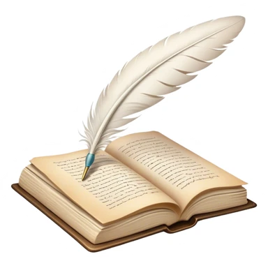 Create a poetic and elegant emoji representing poetry. The design should feature several, gracefully flying pages with short, poetic columns written on them. A white feather quill should be depicted writing on one of the pages, with ink flowing smoothly. The pages should have a soft, antique look, with subtle details to convey the delicate nature of poetry. Use soft, light colors with a romantic, airy feel. Make the background transparent. sticker