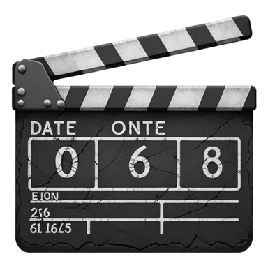 Minimalist emoji-style sticker of a cracked movie clapperboard with the date “06/06/66”, faint scorched marks, all in grayscale


 sticker