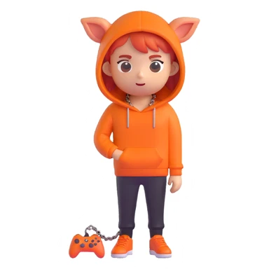 person with bacon hair, very small head, orange hoodie, black trousers, orange shoes, gamer chain around head, 3D emoji style sticker