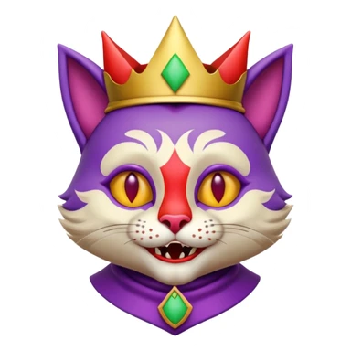 crazy colorful cute little cat jolly joker from poker, medieval, vintage, court jester, mac os icon, purple, gold and red color, half body. Squared shape as 3D mac os icon, symmetrical sticker