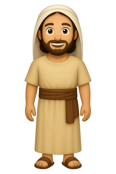 Create a centered full body image of Apostle Peter in classic emoji style. He is facing straight, smiling with a full beard, wearing a robe with a brown sash and head covering as in the reference image, but with long sleeves. No background. sticker