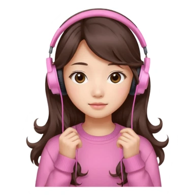 a asian japanese girl with wavy long silky brown hair and no bangs. she has a cute pink gaming headphones. she is wearing a cute pink sweater  sticker