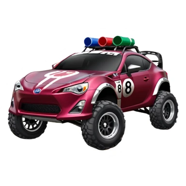 Extended wheelbase 2013 scion fr-s dark black cherry off road 4wd monster Baja dessert stadium racer number 86 with long travel suspension, shiny silver wheels, exaggerated black fender flares, made out of discarded Pepsi cans  sticker
