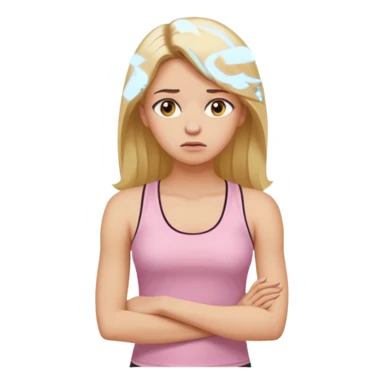 Create a young woman with long blonde hair, golden eyes, and medium-light skin tone, wearing a light pink tank top and leggings. She should be in portrait mode, but with a subtle doubting facial expression—slightly raised eyebrow, small frown, .  and her hand next to her chin like a thinker sticker