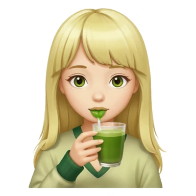 a girl have long blonde hair with bangs drinking matcha sticker