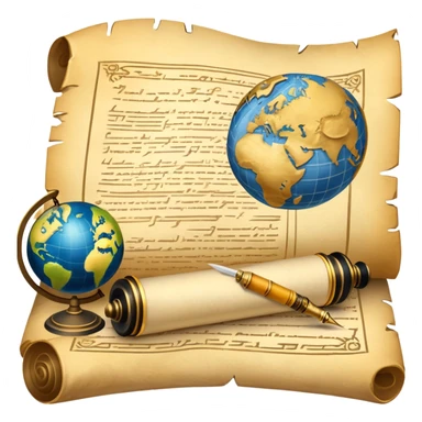 An icon featuring an ancient scroll, a quill pen, and a globe, symbolizing the study of history. The design includes a timeline with significant historical events, with ruins in the background to evoke past civilizations. Transparent background emphasizes the exploration of human history sticker