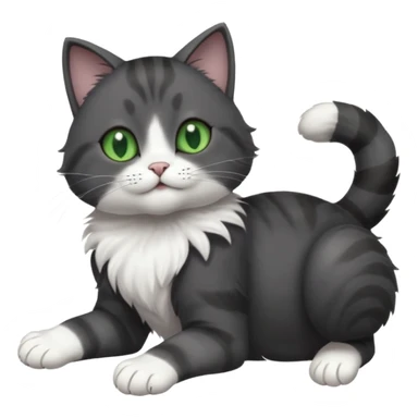 solid dark grey cat with green eyes, white toes/paws and white patch on her chest playfully rolling upside down sticker