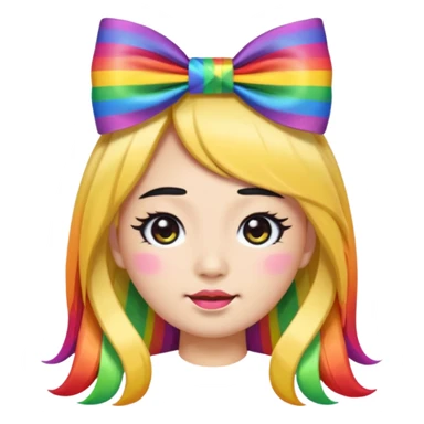 asian emoji face with long hair with very thick black eyeliner and rainbow bow on head and tacky sticker