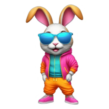 crazy rabbit in retro neon jogging suit and sunglasses, full body sticker