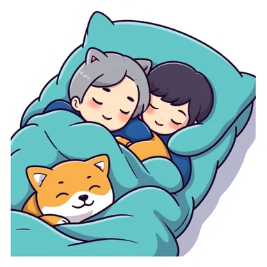 Create a short hair gray hair girl sleeping cuddling with a ton of shiba sticker