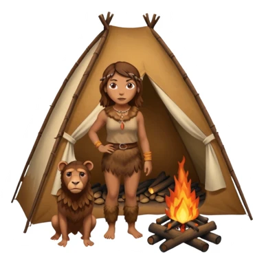 a NEANDERTHAL WOMAN WITH BROWN HAIR STANDING BY A FIRE AND TENT sticker