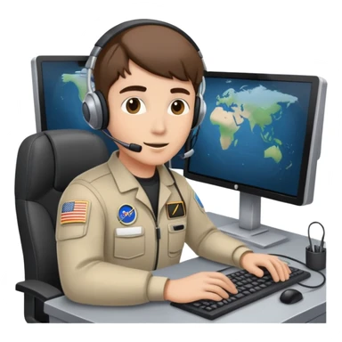 mission control technician with headset sitting at computer console sticker