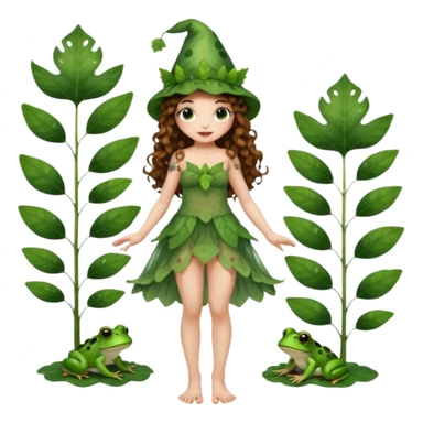full body woman long curly brown hair brown eyes white skin tattoos wearing cute frog hat and sheer leaf dress, barefoot, flirty forest fairy pose sticker